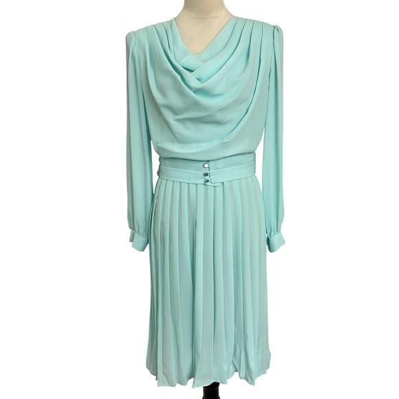 Vintage 80's Lisa Michaels Pleated Dress Cowl Neck Long Sleeve Aqua Women Size 8 - Picture 1 of 14